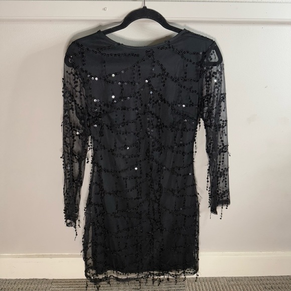 Sequin Tassel Fringe Detail Long Sleeve Dress Black - Picture 1 of 6